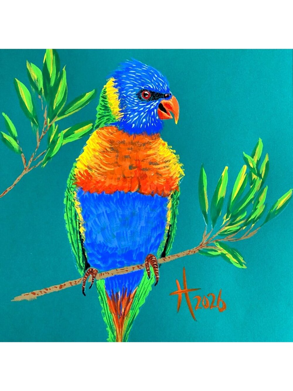 Rainbow Lorikeet Bird Original Art Watercolor Painting 11x14in Mat Frame Ready